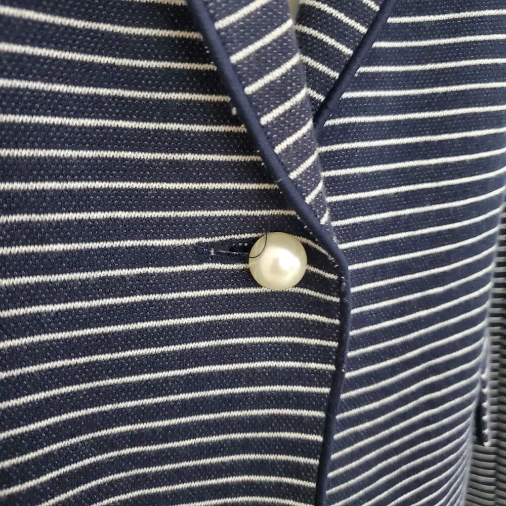 Tahari Women's Blazer 10 Blue Striped Pique Knit Pearls Nautical Business Office
